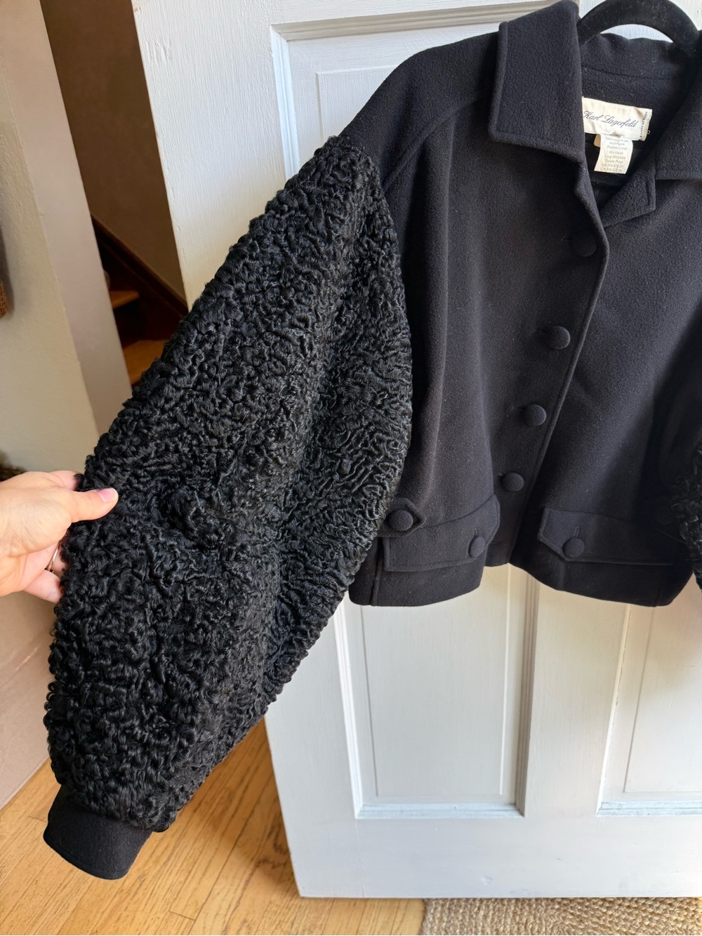Vintage Designer Karl Lagerfeld Black Cropped Teddy Sleeve Jacket Button Details - Picture 3 of 8